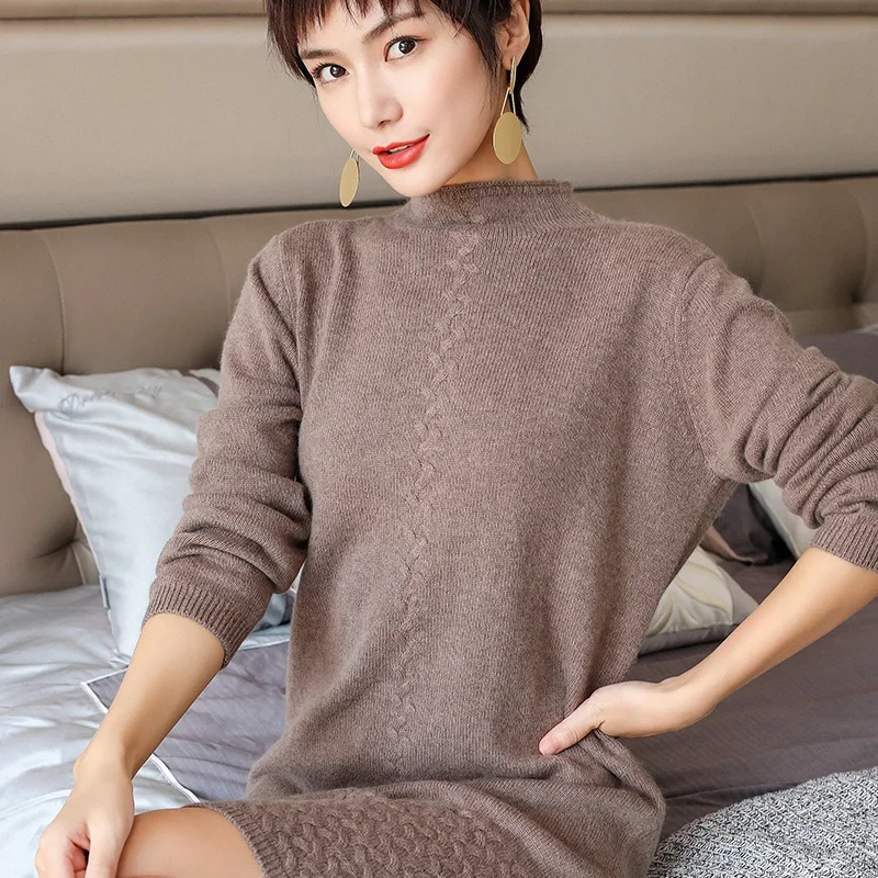 ALKMENE winter twisted craft cashmere female half-high collar long section thick sweater skirt sense party | Женская одежда