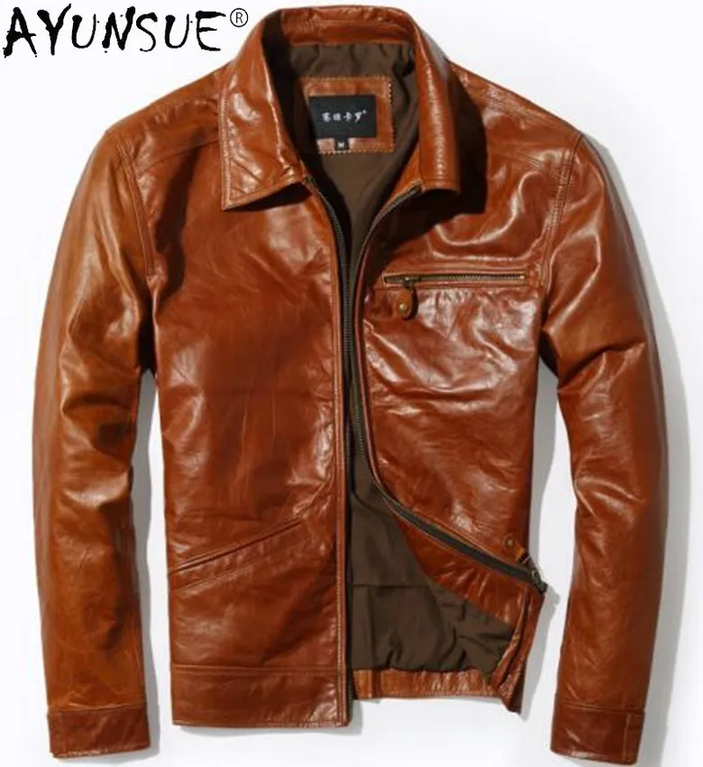 

AYUNSUE Real Cow Leather Jacket Men Vintage Spring Autumn Cowhide Leather Coat Motorcycle Jacket Man Veste Cuir Homme KJ6648