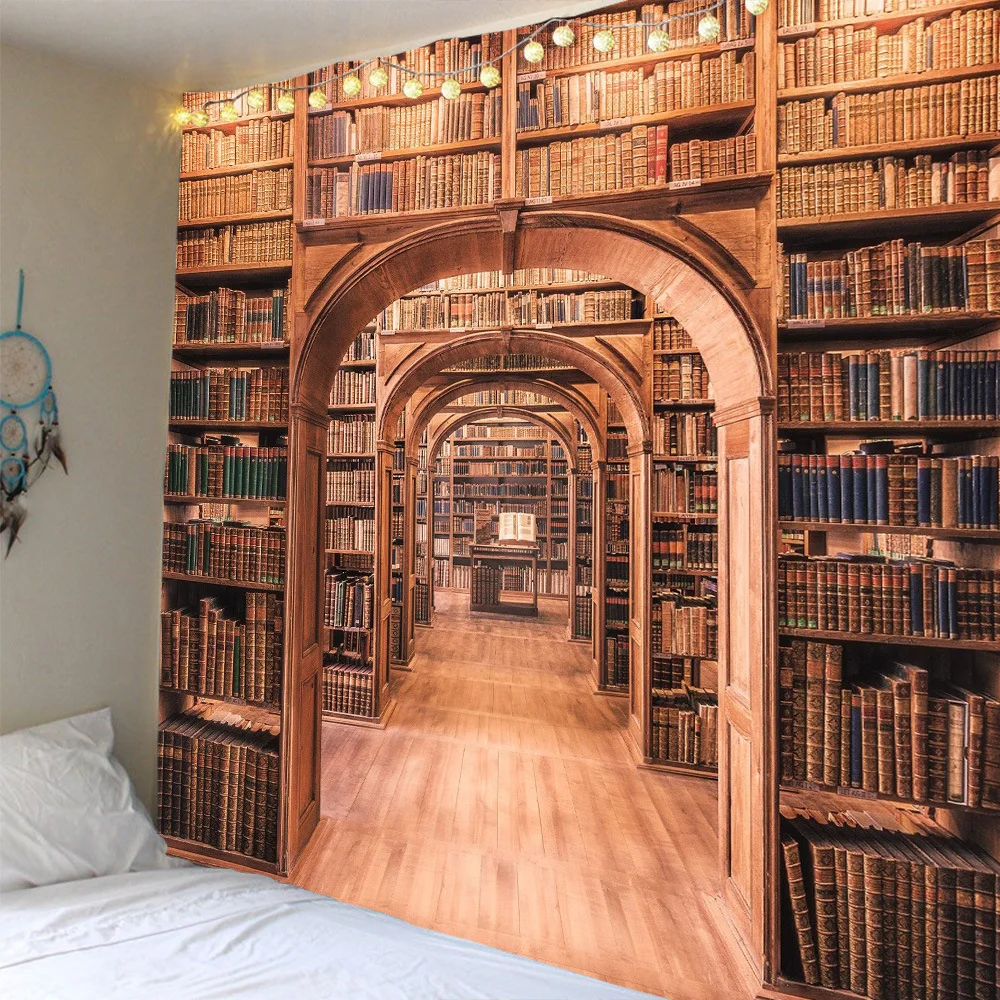 Книжная полка в стиле ретро 3D гобелен Настенная библиотека подсвечник тапиз