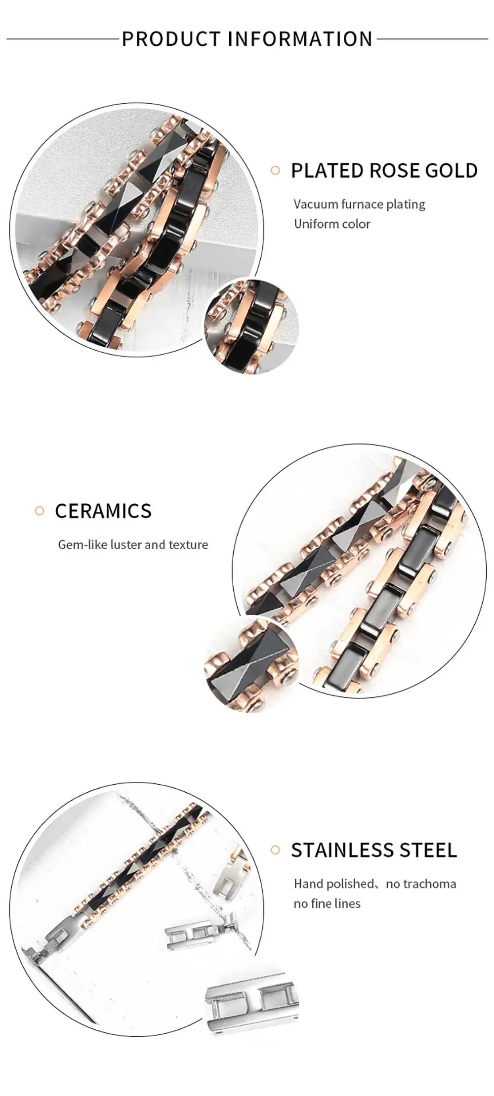 Moocare rose gold stainless steel wrist chain black women men charm bracelet ceramic jewelry accessories for ladies