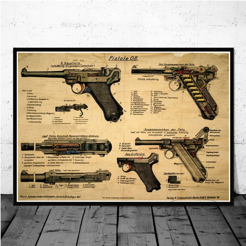 

Gun Blueprint Luger Pistol Patent Chart Canvas Painting Posters And Prints Wall Pictures For Living Room Decoration Home Decor