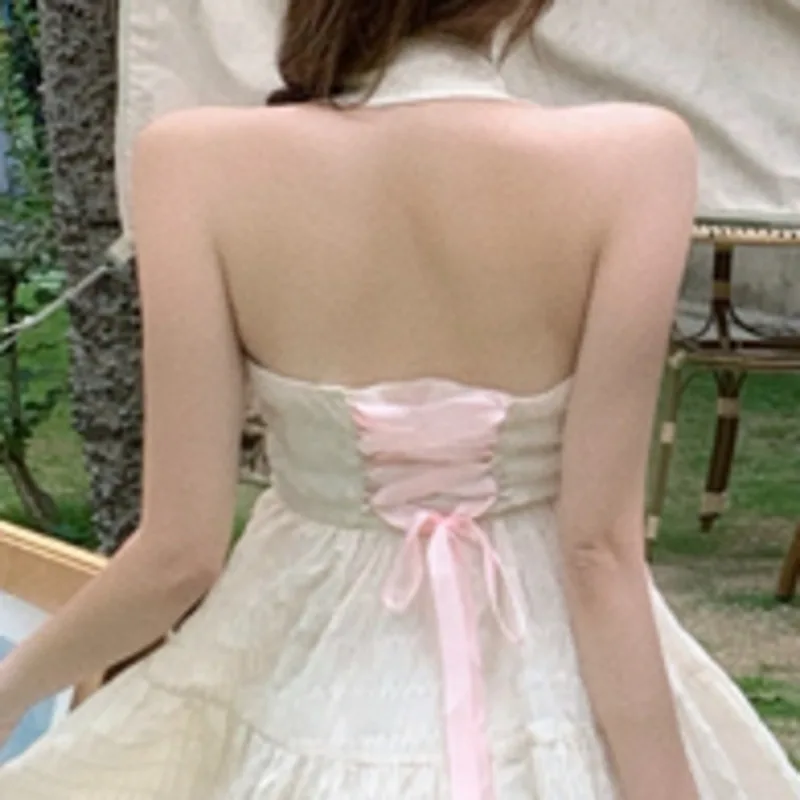 

Sexy Halter Dress Women Sleeveless Turn-Down Collar Summer 2021 Bandage Backless Single-breasted Solid Korean Fashion Vestidos