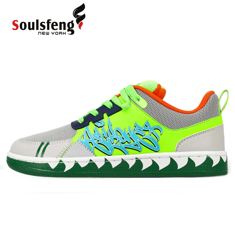 Soulsfeng X Reckone Shark Graffiti Sneaker Men's Green Skateboard Shoes Women's Fashion Outdoor Shoes