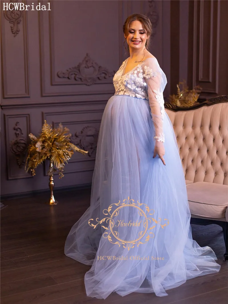 Мятно-синее вечернее платье с длинным рукавом для беременных женщин платья