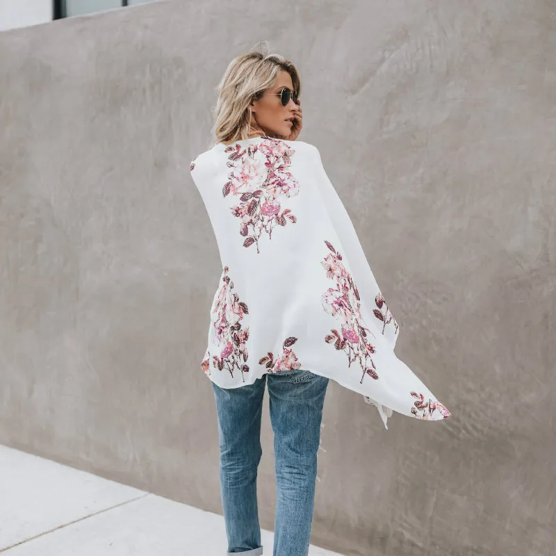 

2019 Summer Blouse New Fashion Chiffon Floral Printed White Color Cardigan Turn Down Neck Long Sleeve Chiffon Loose Type Outwear