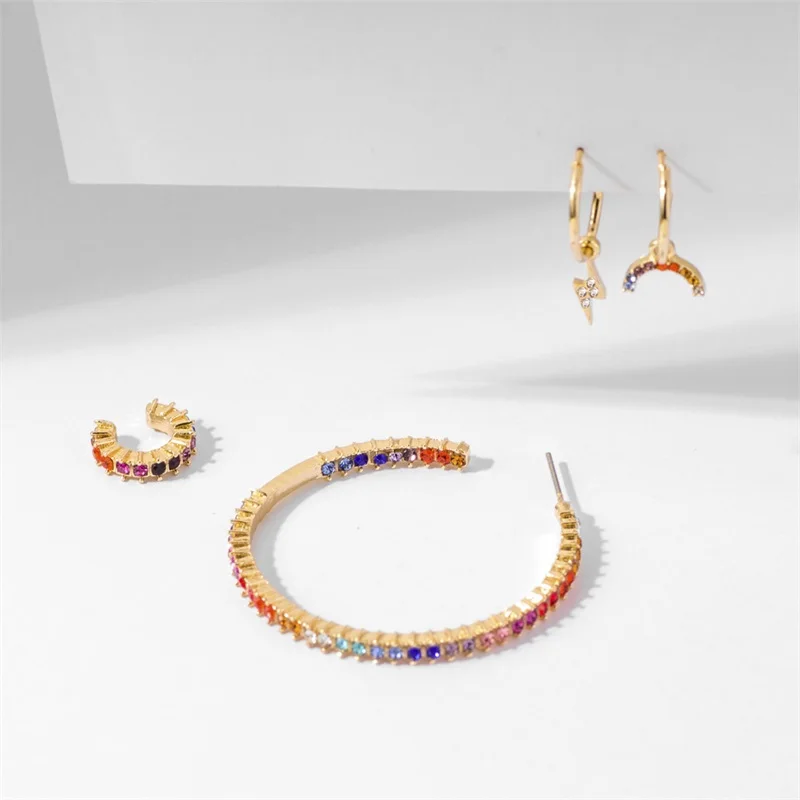 

Kpop charm color zircon rainbow earrings ear clips 4PCS earrings set fashion korean earrings for women 2020 unusual earrings