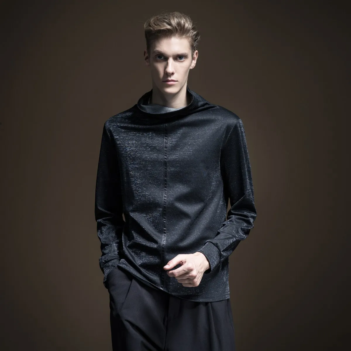 

Free shipping New men's male unique fashion personality black half high neck pullover sweatershirt top trendy B193509377