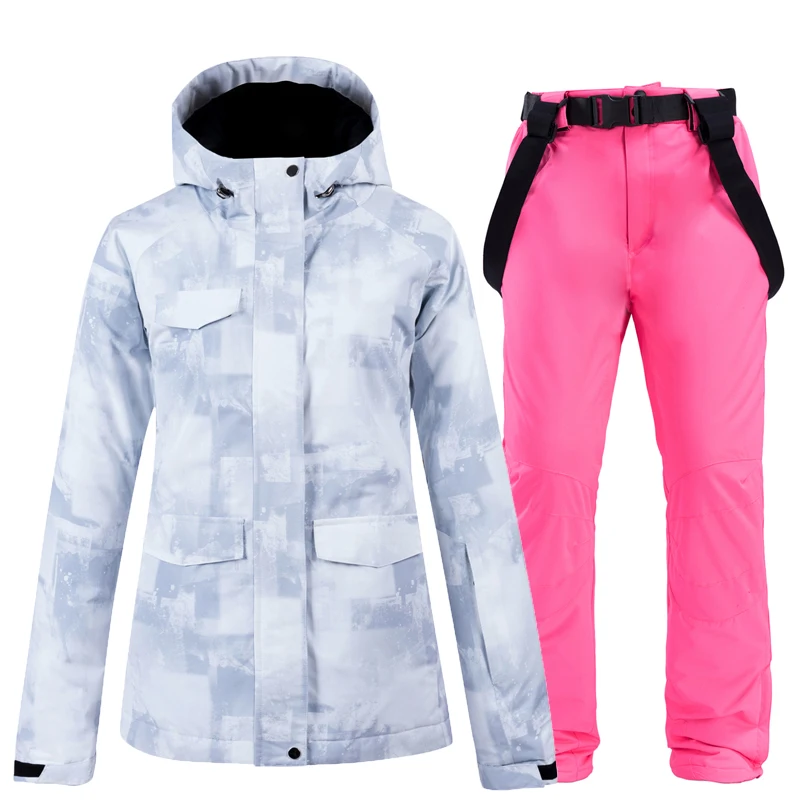 New White Snow Men's and Women's Snow Wear Snowboarding sets waterproof Breathable outdoor Sports Ski jackets + strap snow pants