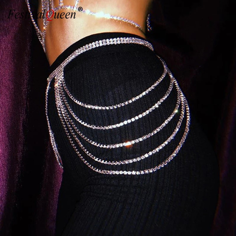 Цепочка Серебристая блестящая со стразами для тела на талию металлическая