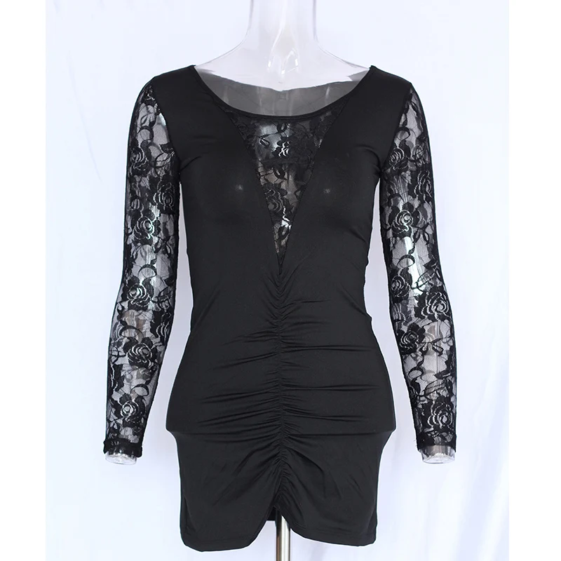 Кружевное лоскутное облегающее платье с рукавами женское однотонное вечернее