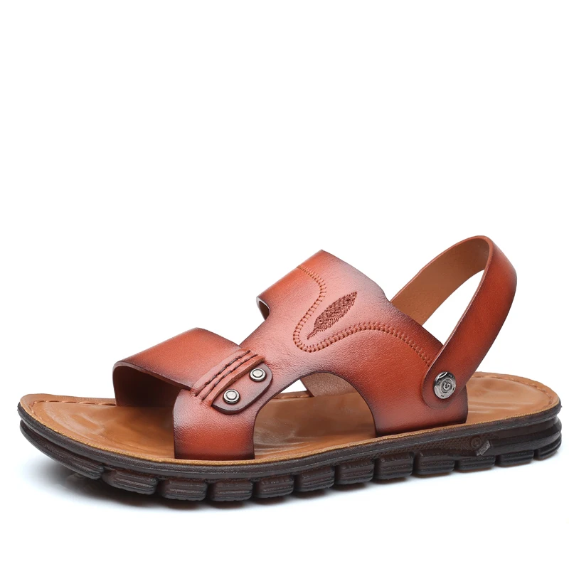 

AIYUQI Men's Beach Shoes Summer New Men Real Leather Sandals Casual Open-toed Lightweight Two-wear Male Sandals Slides