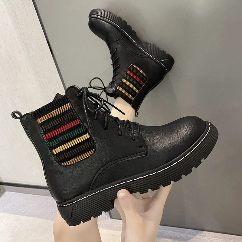 

2021 New Black Leather Ankle Boots Women Autumn Winter Round Toe Lace Up Suede Shoes Woman Fashion Motorcycle Platform Botas