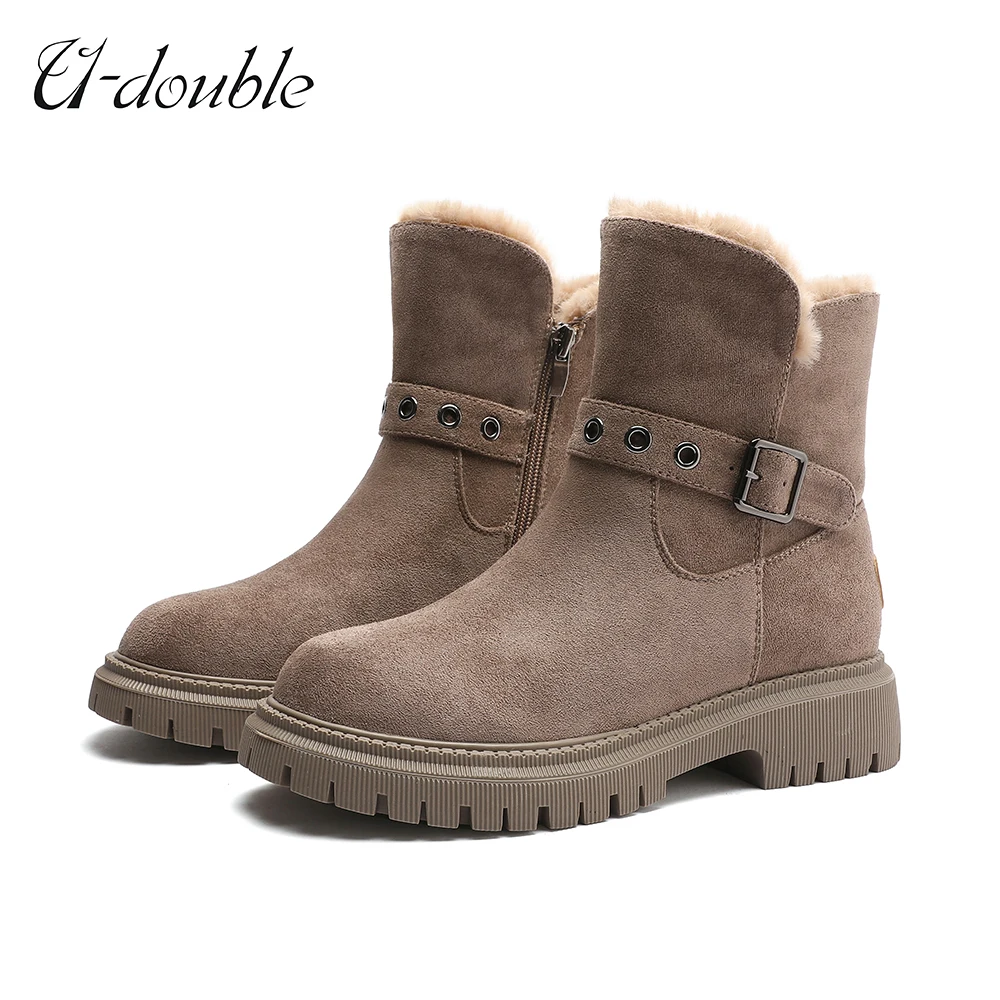 

U-Double Winter Cow Suede Ankle Boots Women Platform Snow Boots Fashion Artificial Plush Warm Comfortable Ladies Booties Ladies