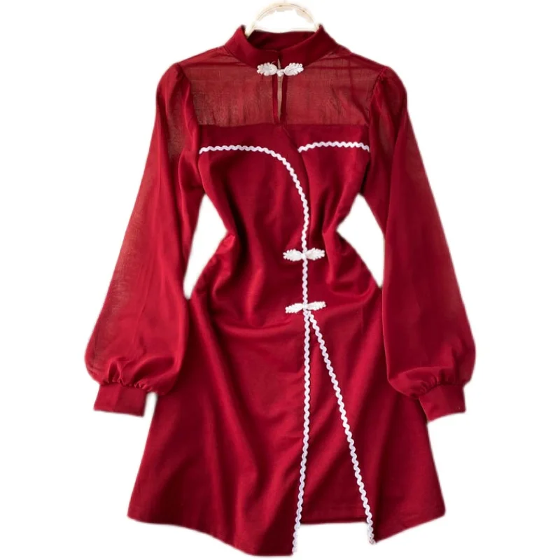 

Women Retro Modified Cheongsam Dress Design Stand Collar Puff Sleeve Solid Dress Autumn Korean A-line Short Dresses