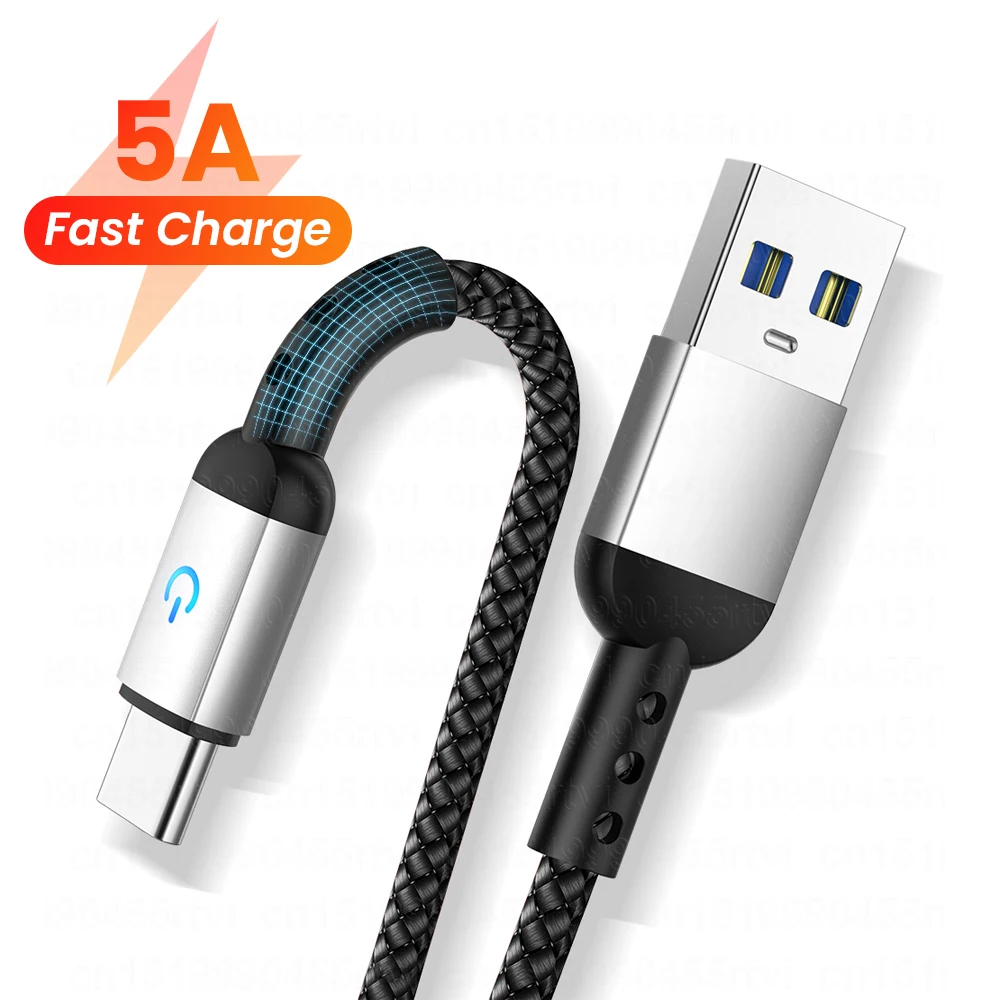 5А USB Type C кабель Whit LED для Huawei Mate 40 Pro Micro быстрой зарядки Samsung S20 Xiaomi | Мобильные