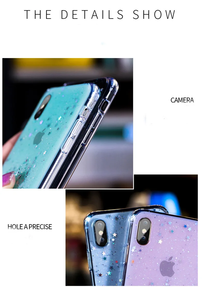 Блестящий Прозрачный чехол со звездами для iPhone 11 Pro X XR XS MAX 7 8 6s для samsung S10 S9 S8 Plus Note 10Pro 8 9 A10A20A30 A40A50A70