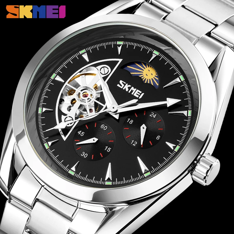 

SKMEI Top Brand Waterproof Men Automatic Watches Strainless Steel Strap Moon Phase Mechanical Watch Relogio Masculino 24H Clock