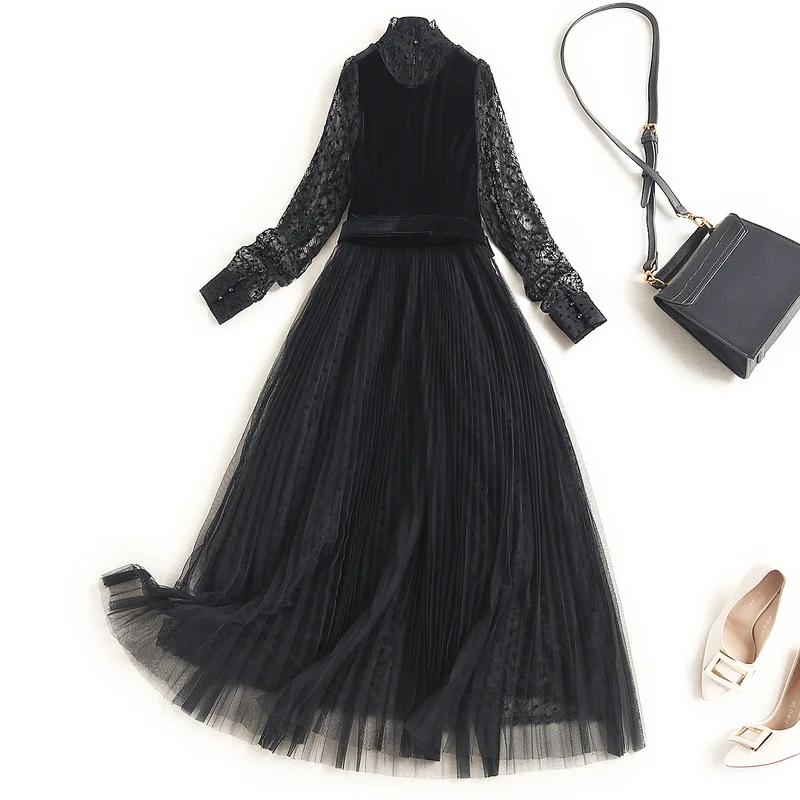 

Runway Fashion Velvet Black Long Sleeve Spring New Arrival Dots Lace Patchwork Elegant Party Holiday Dress