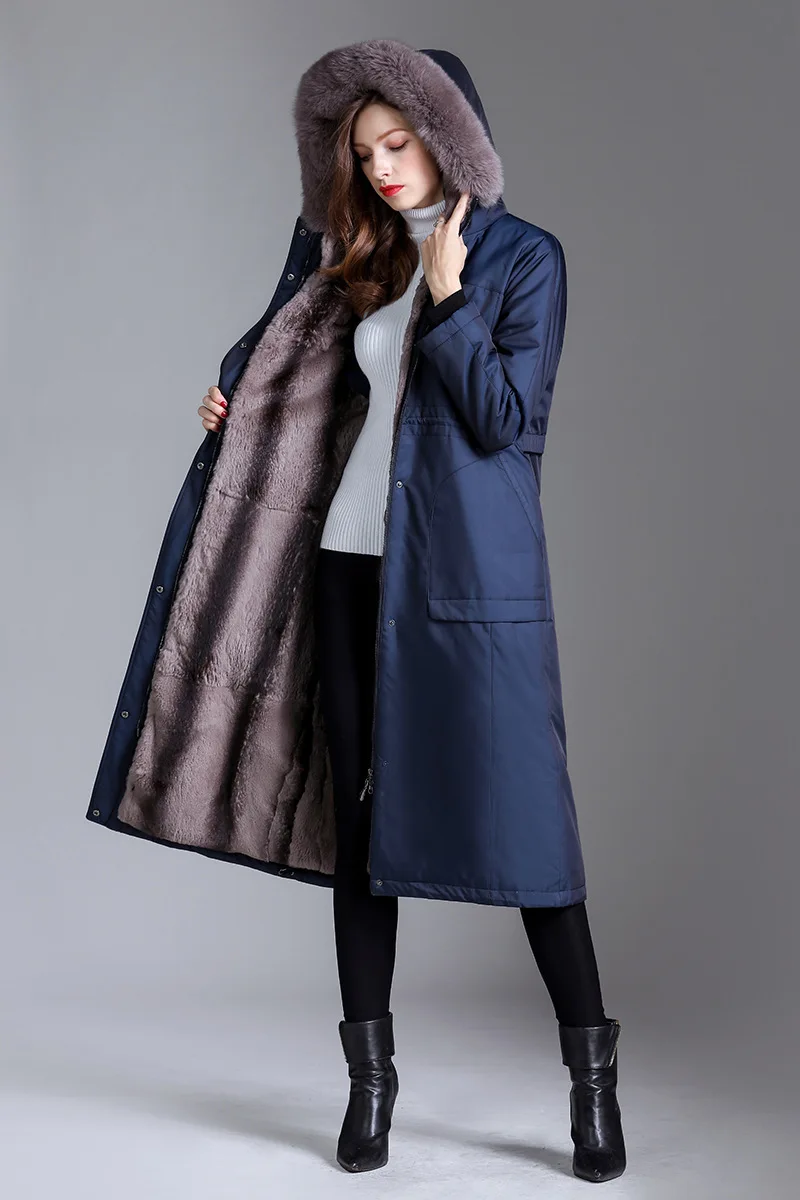 dark blue longer Высококачественное длинное пальто из натурального меха кролика Рекс, женское теплое Утепленное зимнее пальто, роскошная Меховая куртка по настоящей цене от производителя - Цвет: dark blue longer