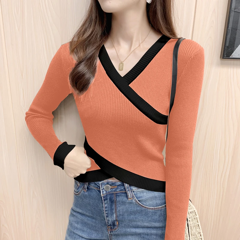 

Knitting Sweater Womens Autumn Winter New Fashion Basic Criss-Cross V Neck Short Knitwaer Female Long Sleeve Slim Pullover Femme