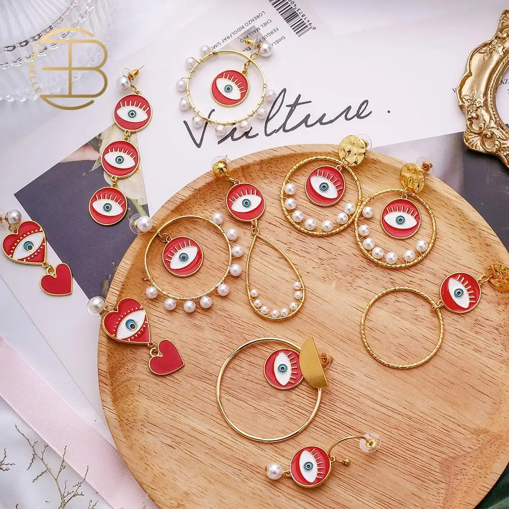 

2020 New Year Lucky Christmas Earring Jewelry Gometric Hoop Pearls Red Enamel Evil Eye Earrings For Women Fashion Party Earring