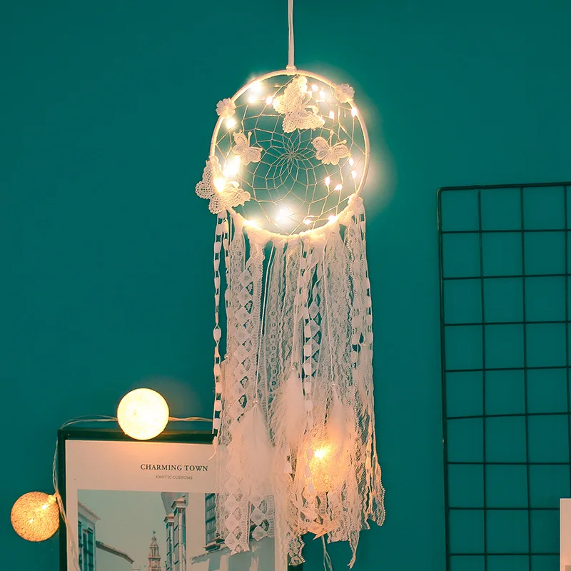 WITH LIGHT Белый Ловец снов большой яркий день рождения девушка индийское перо висячие украшения Искусство Подарки Ретро ins стиль подарки на день рождения - Цвет: WITH LIGHT