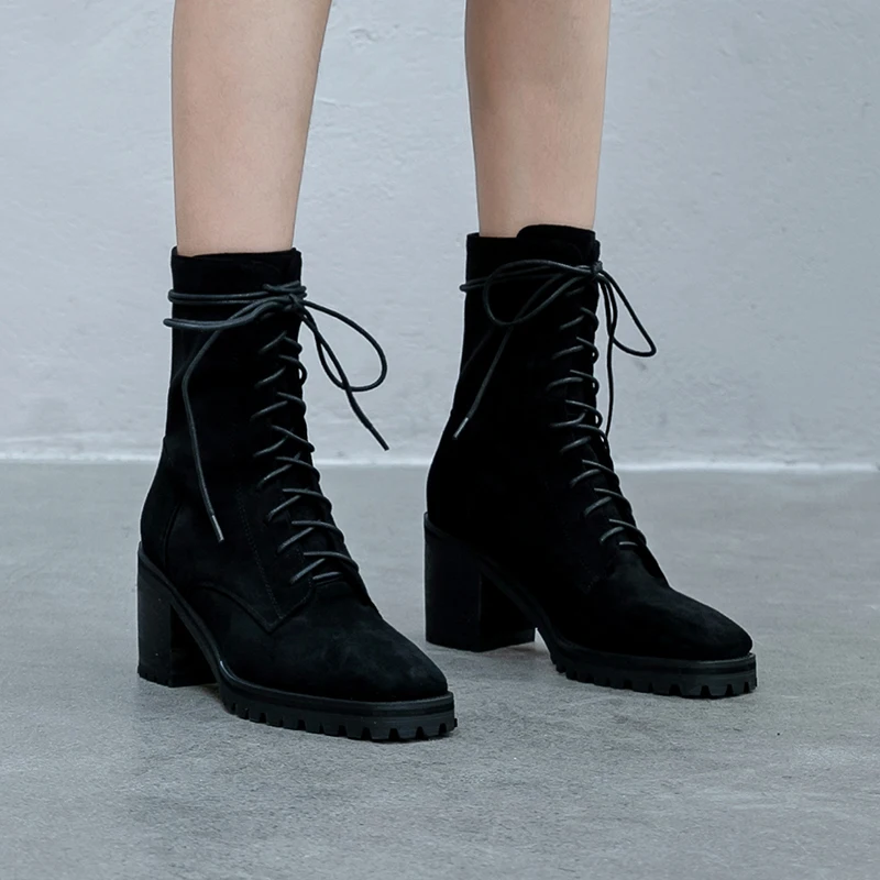 

ISNOM Motorcycle Boots Women Cow Leather Ankle Boot Woman High Heels Shoes Female Square Toe Cross Tied Shoes Ladies Winter