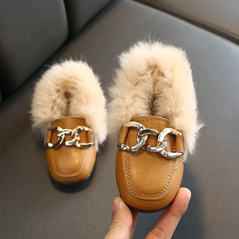 Autumn Winter Fashion Girls Shoes Warm Cotton Plush Fluffy Fur Kids Loafers With Metal Chain Boys Flats Children Loafers enlarge
