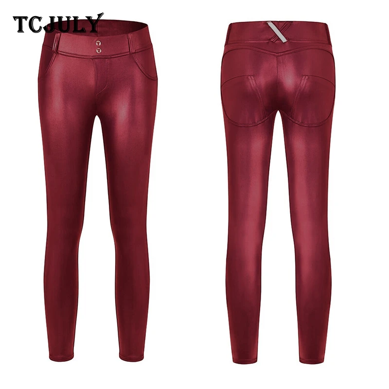 TCJULY Лидер продаж однотонные узкие брюки из искусственной кожи с пуш-ап высокой