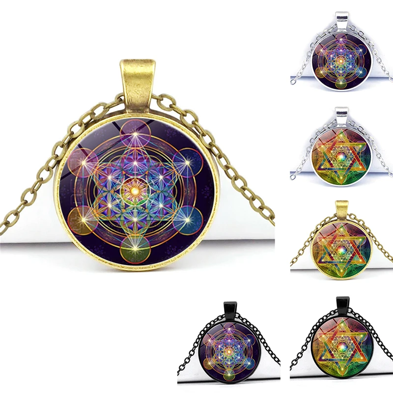 

Mysterious Metatron Cube Necklace Sacred Geometry Flower Of Life Glass Pendants Magic Hexagram Choker Jewelry For Unisex