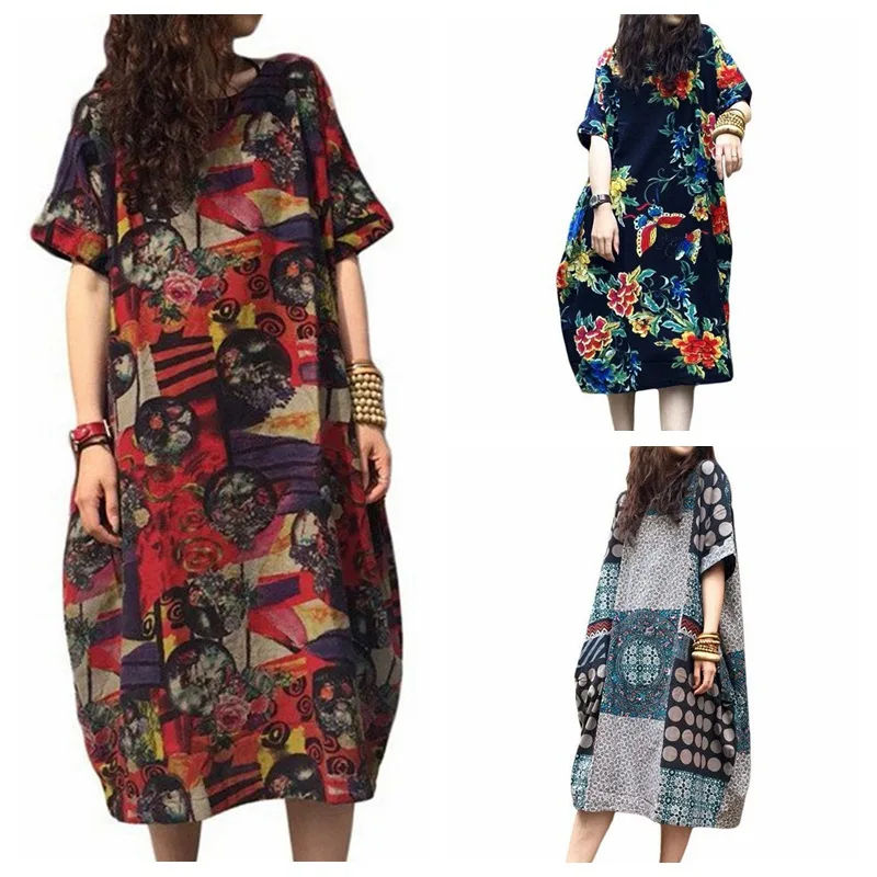Женское летнее платье повседневное свободное короткий рукав с принтом Boho