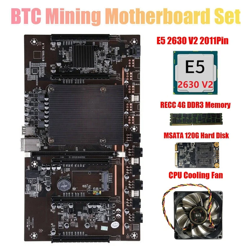 

X79 H61 BTC Mining Motherboard 5X PCI-E Support 3060 3070 3080 GPU with E5 2630 V2 CPU RECC 4GB DDR3 Memory 120G SSD+Fan