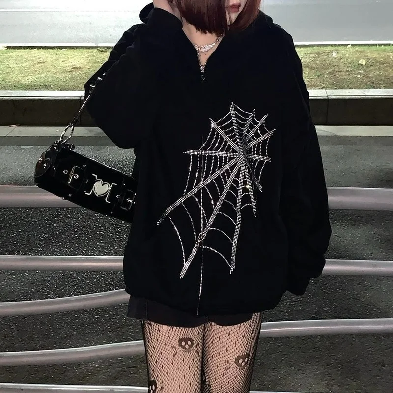 

Zipper Sweatshirts Clothing Gothic Punk Spider Web Hooded Women Fairy Grunge Dark Plus size hoodies crewneck sweatshirt
