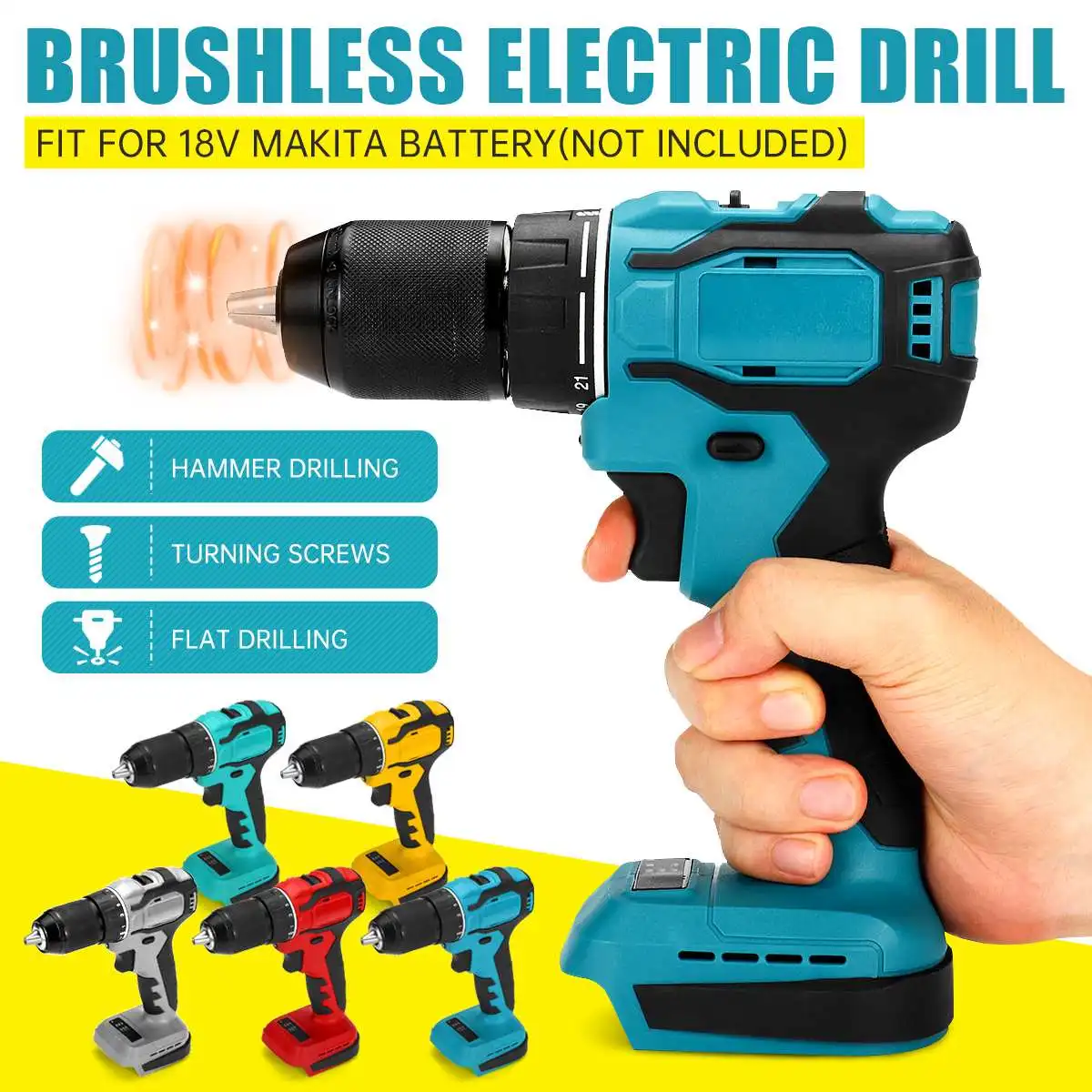 

13mm 520Nm Electric Cordless Brushless Impact Drill Hammer Drill Screwdriver DIY Power Tool Rechargable For 18V Makita Battery