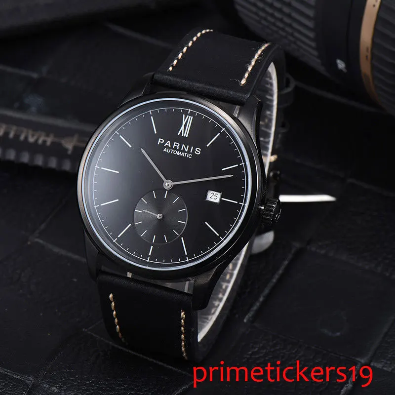 

PVD coated case 42mm parnis black dial date automatic movement black leather strap mens watch P979