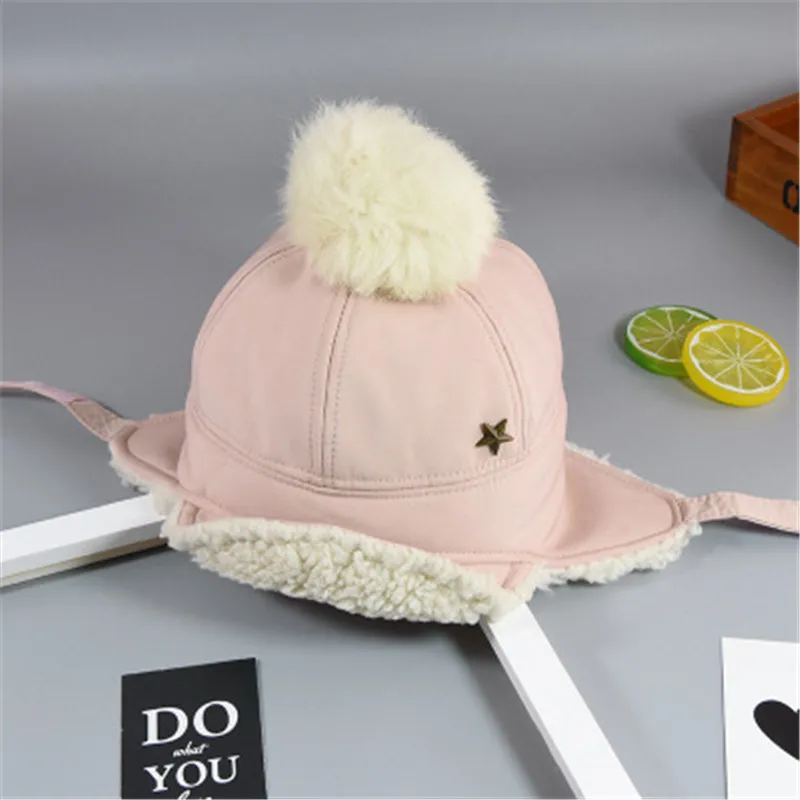 pink baby beanie Детская шапка Lei Feng, зимняя шапка с помпонами для мальчиков и девочек, теплая шапка, шапка для малышей, плотные плюшевые шапки с наушниками - Цвет: pink baby beanie