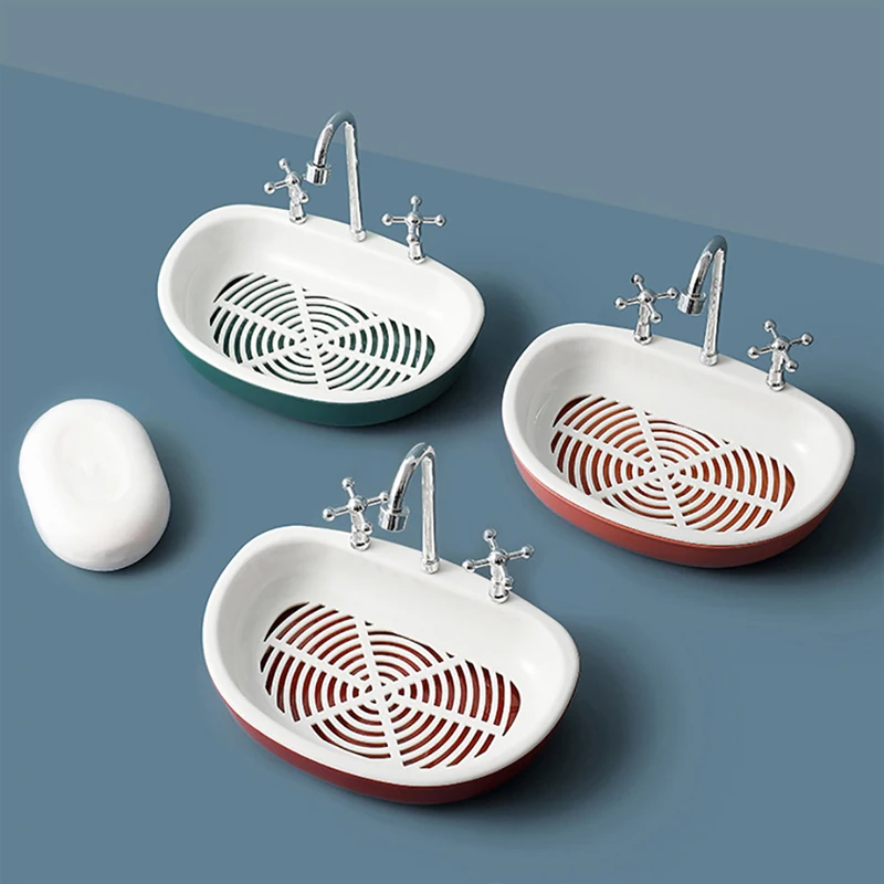 

1Pcs Faucet Shape Draining Soap Dish Portable Bathroom Products Double Layer Eco-friendly ABS Soap Box