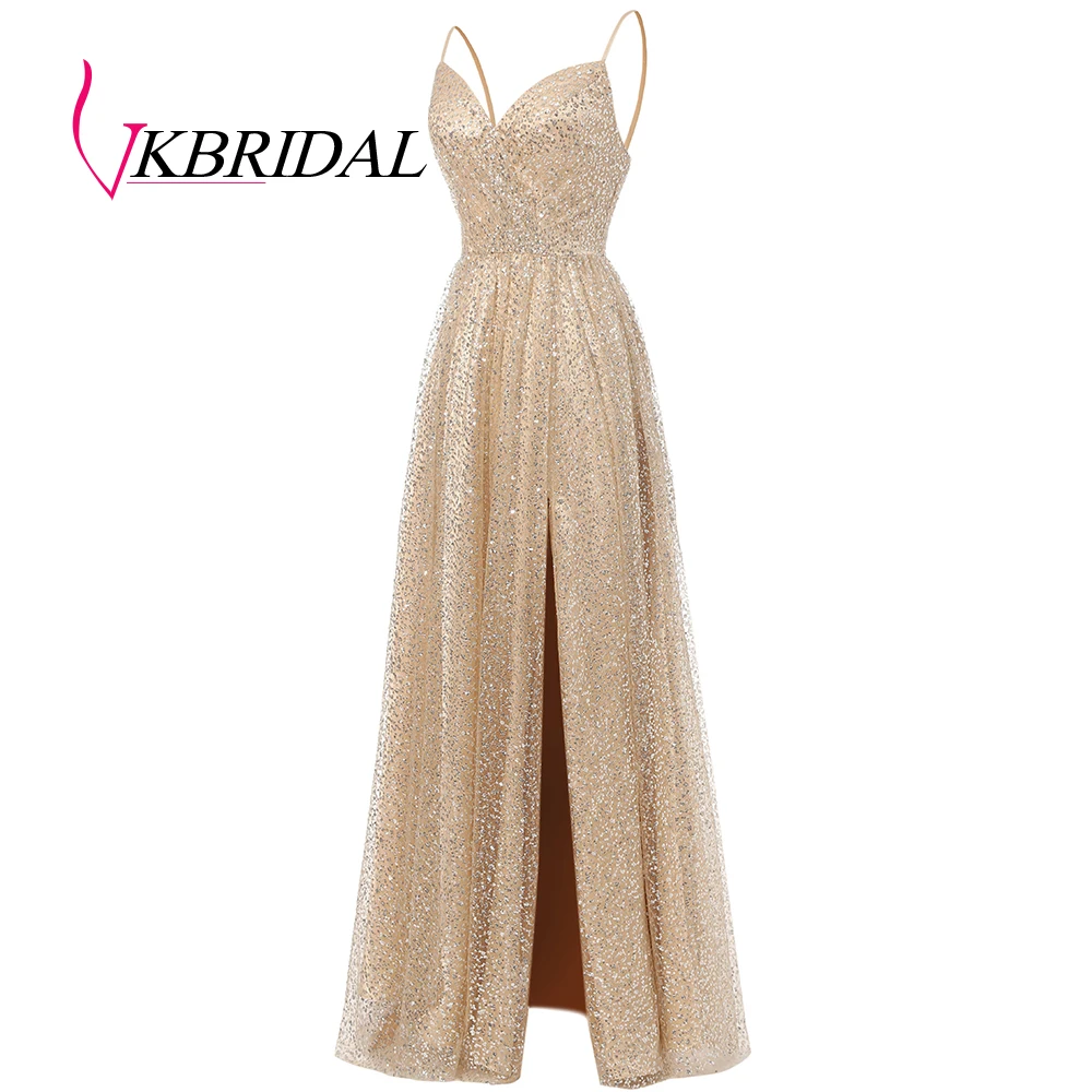 Vkbridal золотистое фото новинка 2020 блестящее платье с высоким разрезом для