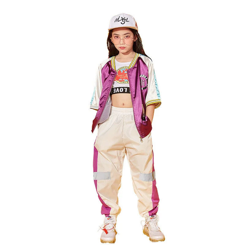 Детская одежда в стиле хип хоп фиолетовая куртка с блестками топы и брюки для