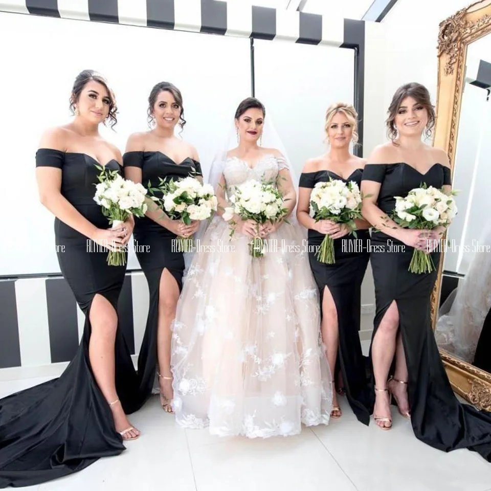 

Off The Shoulder Black Mermaid Bridesmaid Dresses for Wedding Party Cheap Satin Side Slit Wedding Guest Dress Vestido De Fiesta