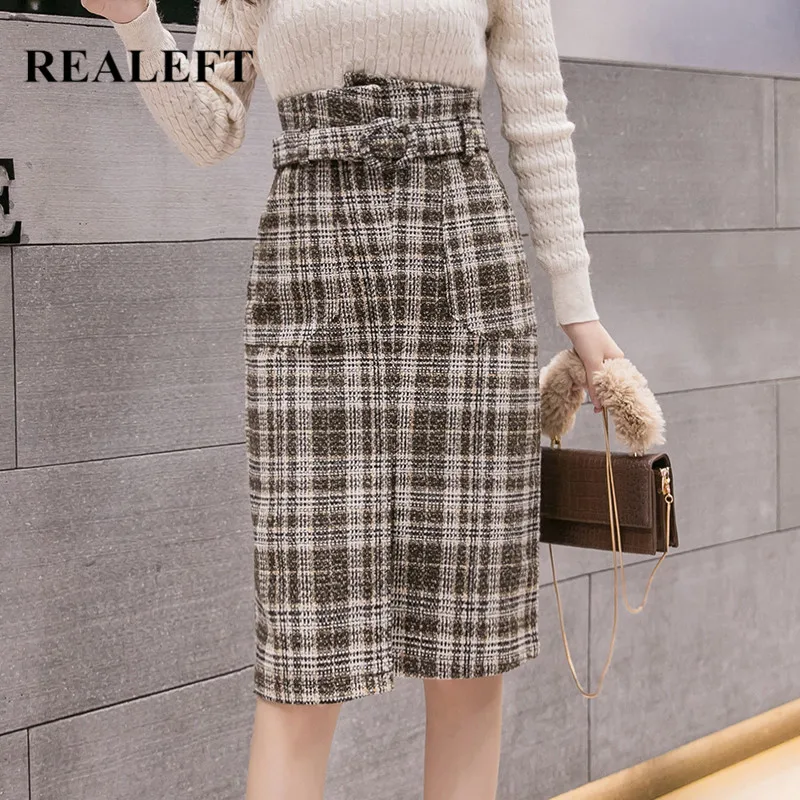 REALEFT осень-зима 2019 новые Юбки миди с высокой талией винтажные Клетчатые Шерстяные