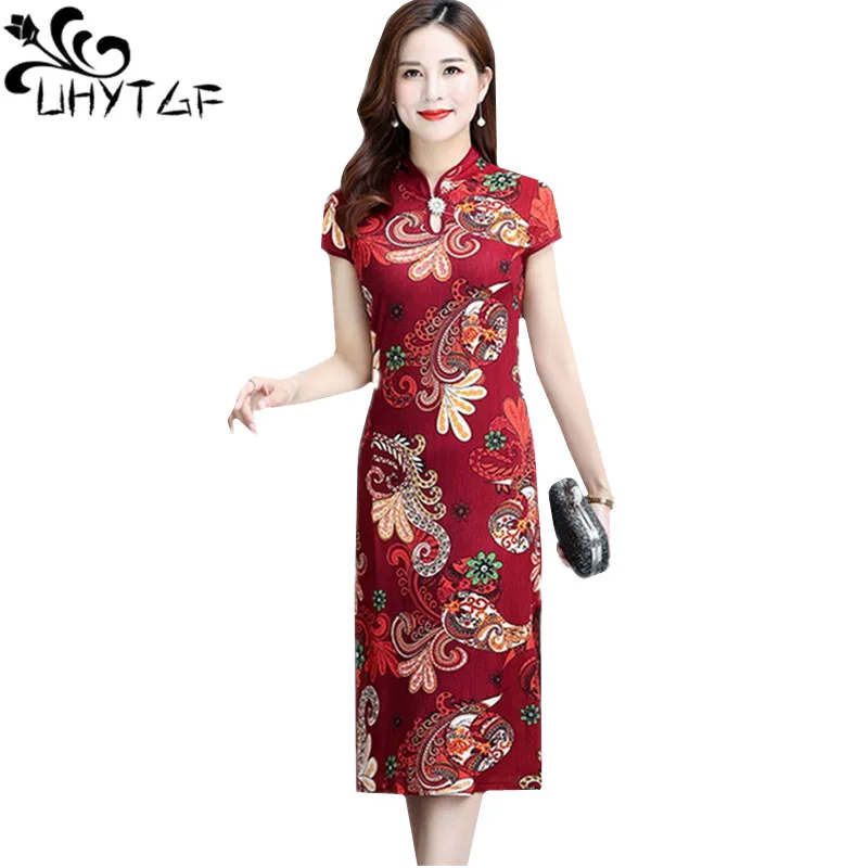 

UHYTGF Summer Dress Women Fashion Print Big Size Dresses Red Green Elegant Female Dress ethnic style cheongsam thin dresses 658