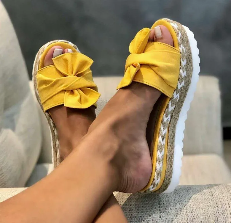 

Сандалии женские с бантом, пляжная обувь на толстой подошве, шлепанцы, сланцы, с цветочным принтом, без каблука, летние Тапочки