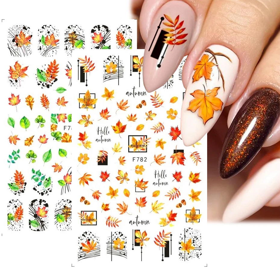 

3D Autumn Maple Leaf Nail Decals Fall Foliage With Lines Design Manicure Sticker Flower Mountain View Nails Art Decor BEF782-791