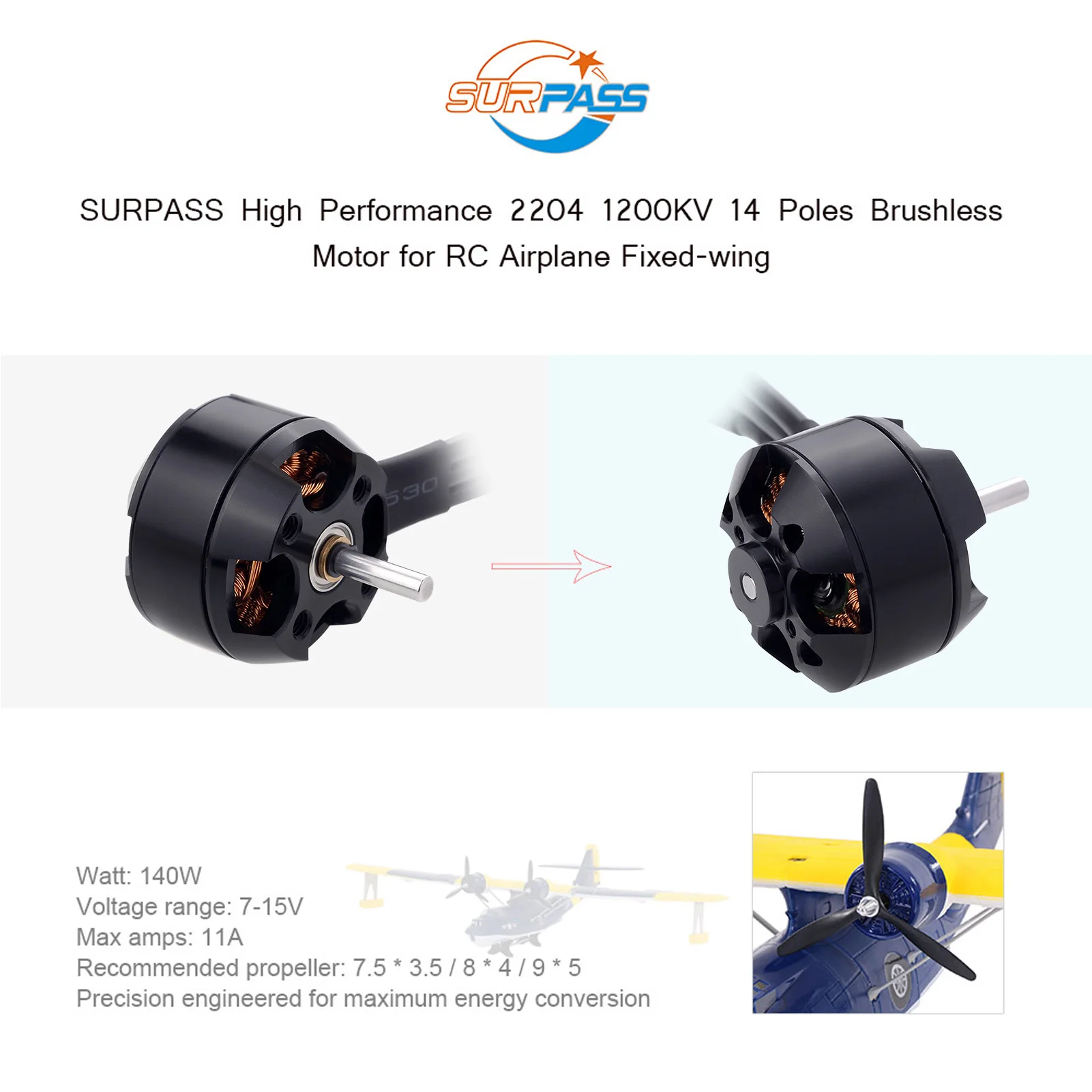 

SURPASS High Performance 2204 1200KV 14Poles RC Brushless Motor for RC Airplane Fixed-wing Aircraft RC Parts accessories