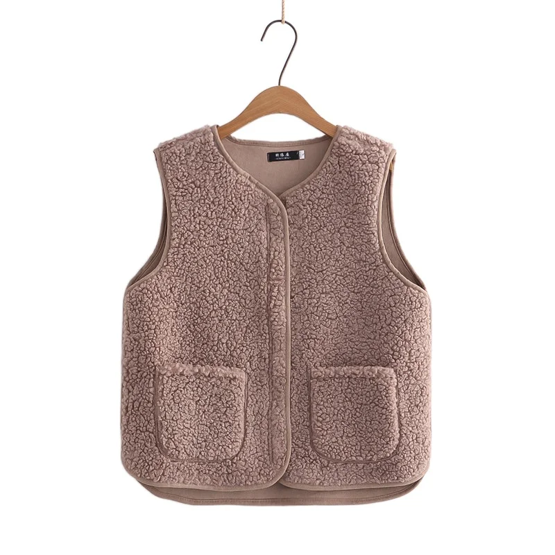 

Solid Lambswool Pockets Women Jacket Vest 2021 Winter Zipper Sleeveless O-neck Ladies Basic Warm Coats Top Soft Outerwears