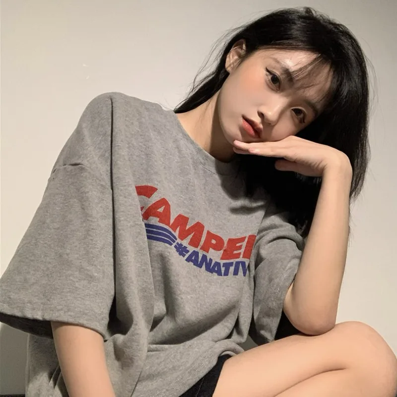 Новинка 2021 Ранняя весна корейский стиль Свободный Топ средней длины с буквенным