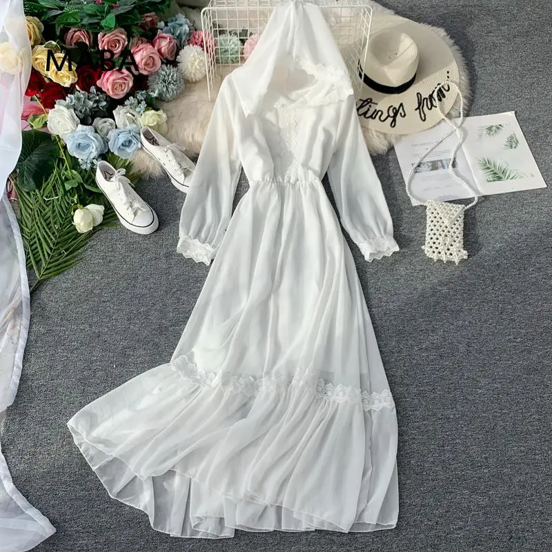 

Party Autumn Long Sleeve Dresses Women Runway Spring Boho Elegant Vintage 2021 Dress Luxury High Waist A-Line Solid White