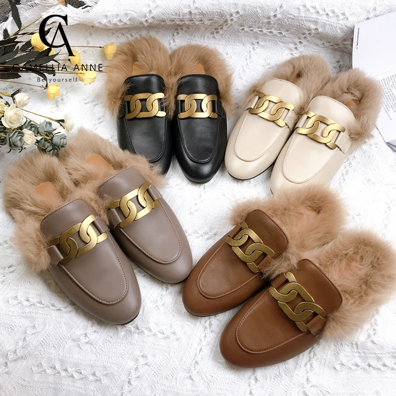 

Женские брендовые дизайнерские туфли без задника, женские шерстяные меховые тапочки на плоской подошве, шлепанцы Baotou с металлической пряжк...