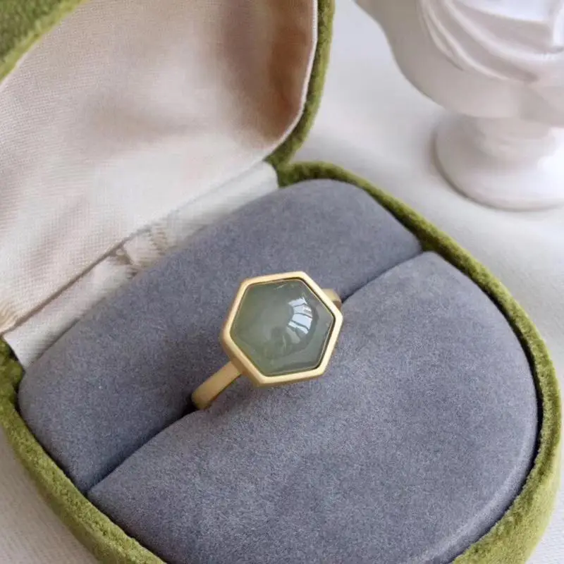 

S925 Silver Gold Ring Female Inlaid Hetian Jade Gray Jade Ring Smoky Blue Geometric Jade Gemstone Open Ring